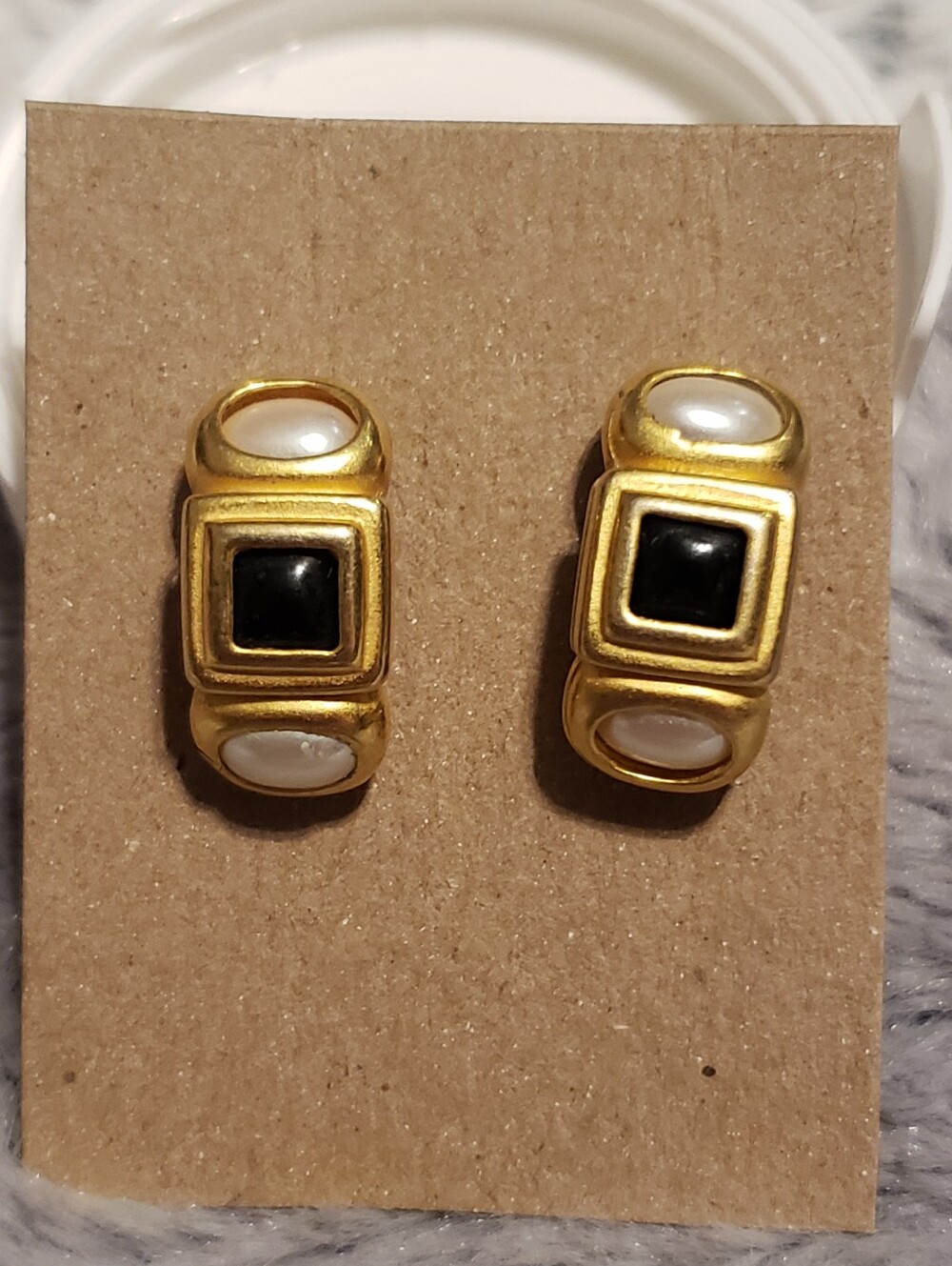 Carol Lee Vintage Gold Faux Pearl and Black Stone Stud Earrings